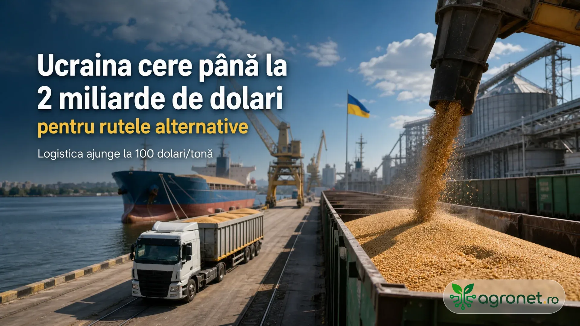 Cereale descărcate într-un vagon într-un port, cu camion, navă, macarale și steag ucrainean în fundal.