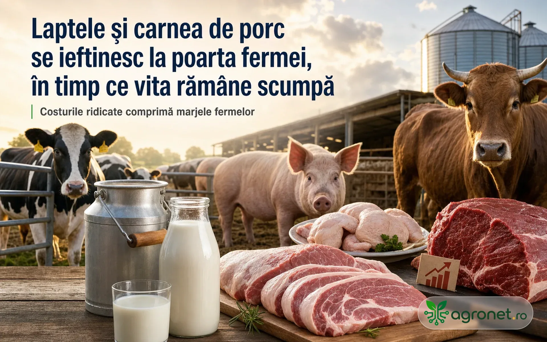 Laptele și carnea de porc se ieftinesc la poarta fermei, în timp ce vita rămâne scumpă
