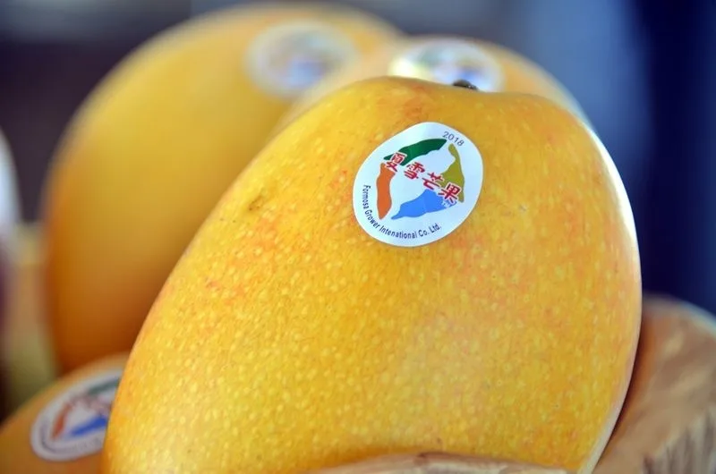 Prim-plan cu mango-uri galbene, unul având o etichetă rotundă pe coajă.