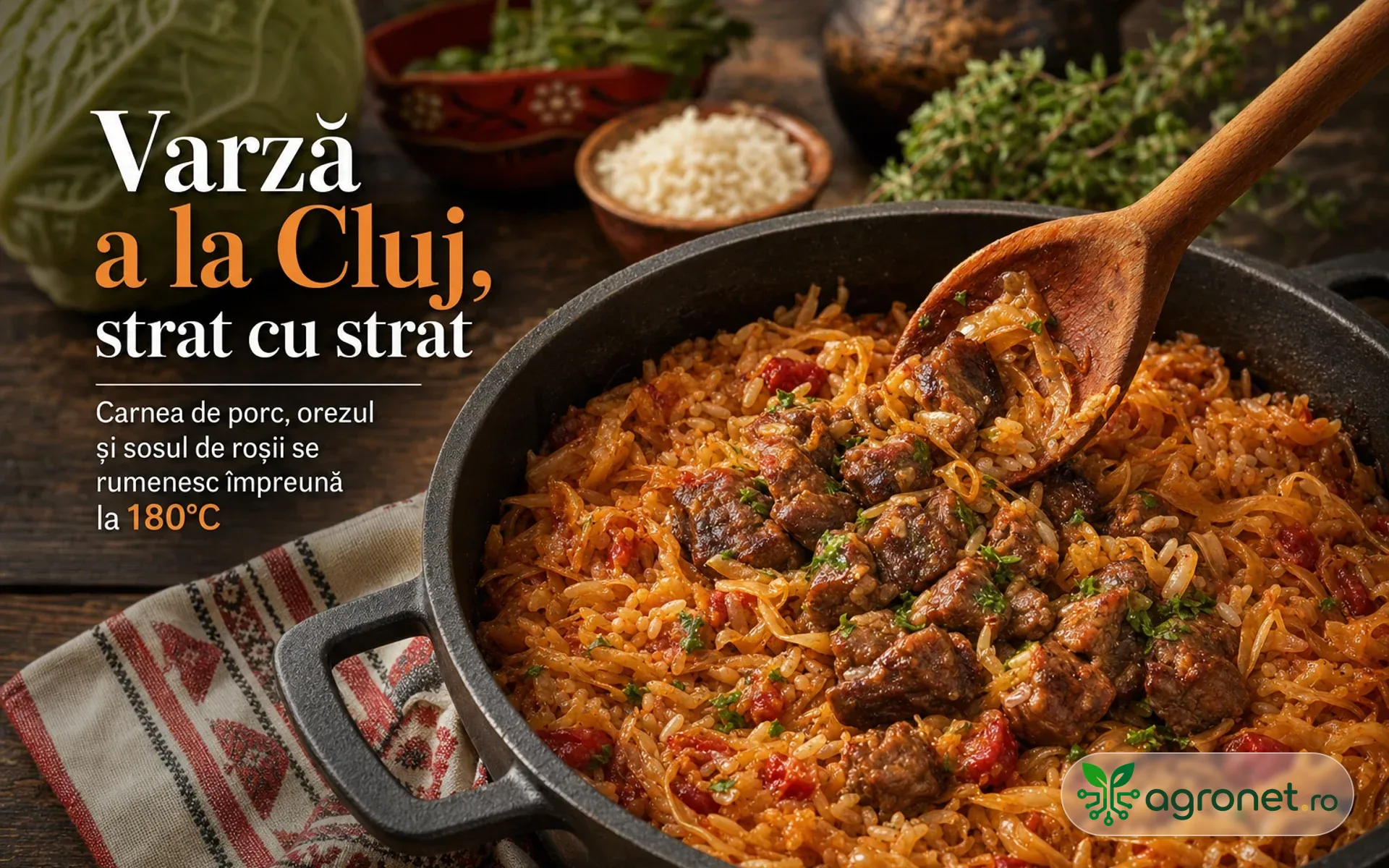 Varză a la Cluj, strat cu strat; Carnea de porc, orezul și sosul de roșii se rumenesc împreună la 180°C