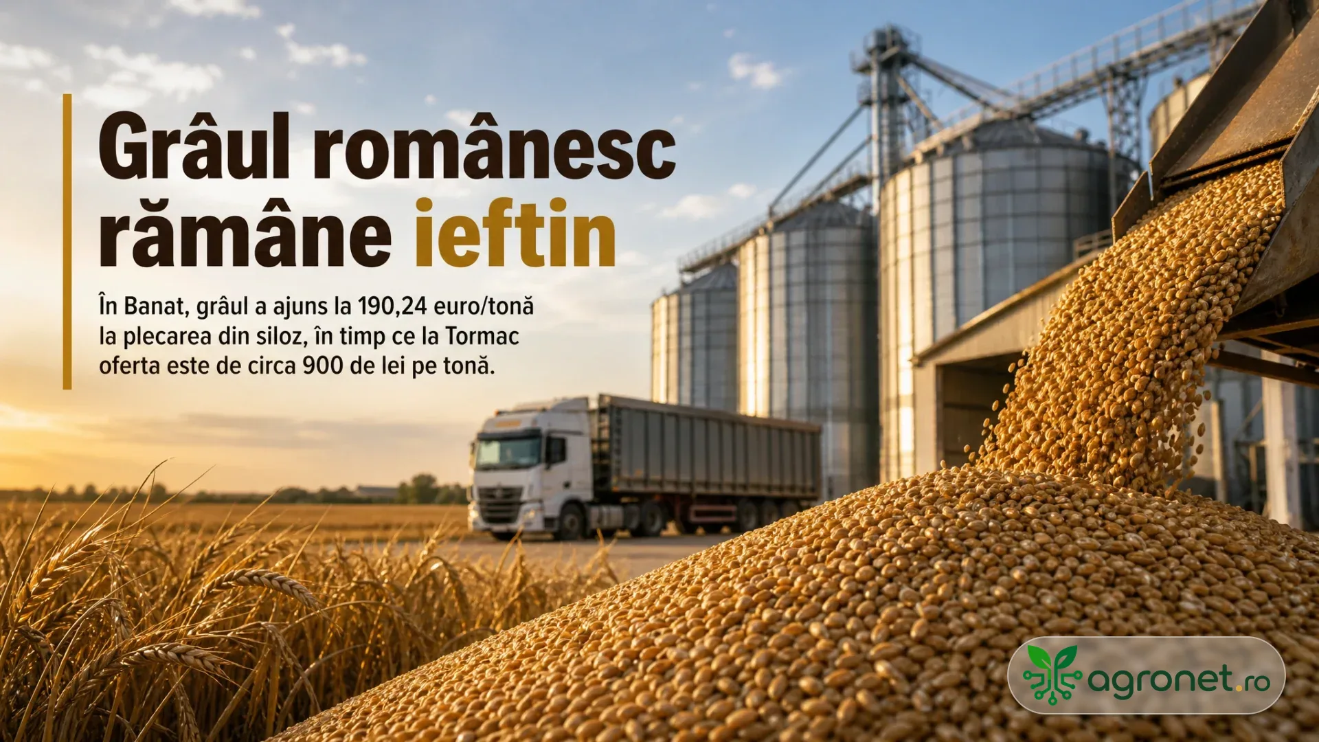 Cereale descărcate lângă silozuri, cu un camion și un lan de grâu în fundal.