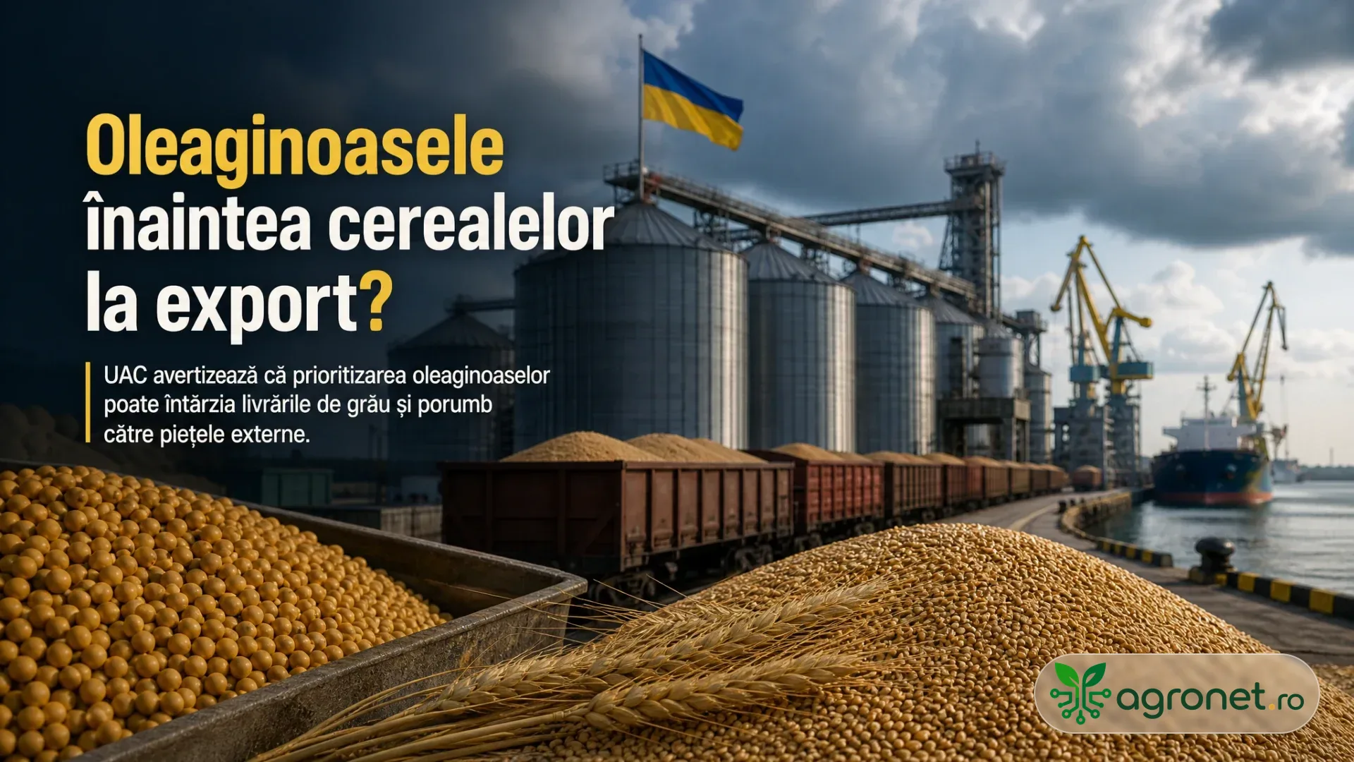 Silozuri portuare cu drapel ucrainean, vagoane de marfă, macarale și grămezi de cereale lângă apă.