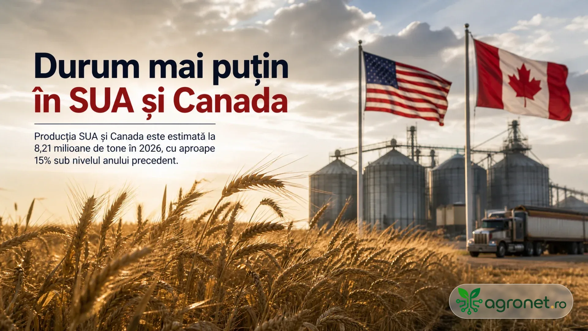 Lan de grâu la apus, cu silozuri, camion și steagurile SUA și Canadei în fundal.