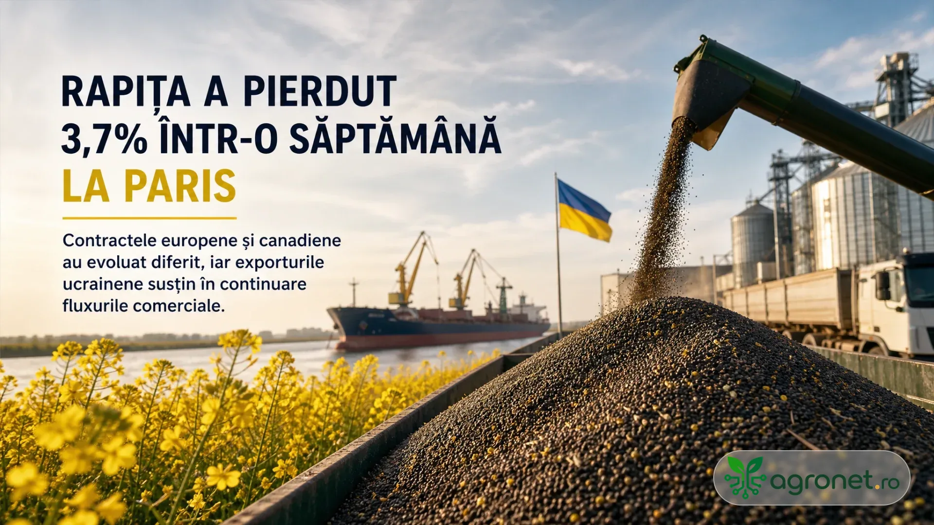 Semințe de rapiță descărcate lângă silozuri, cu flori galbene, un vapor și un steag ucrainean în fundal.
