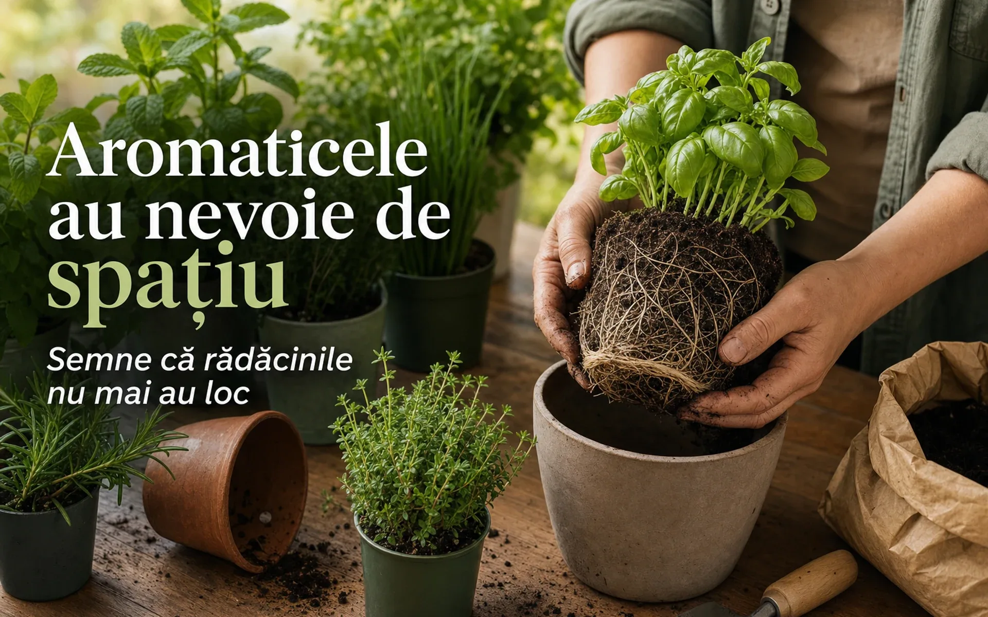 Plantele aromatice din ghivece trebuie replantate periodic - Semnele care arată că rădăcinile nu mai au loc
